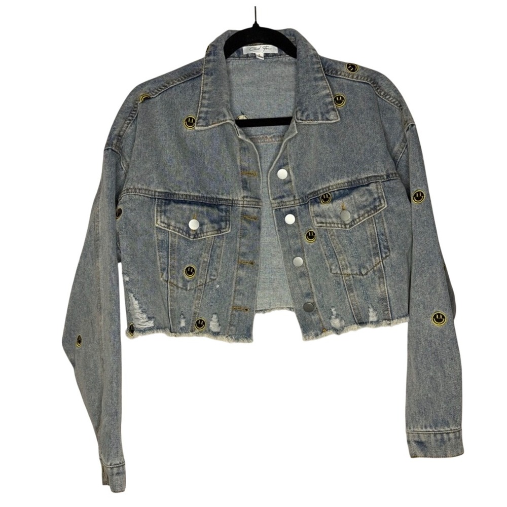 Cloud Ten Women's Size M Smiley Face Patch Cropped Denim Jean Jacket Grunge - Picture 2 of 10